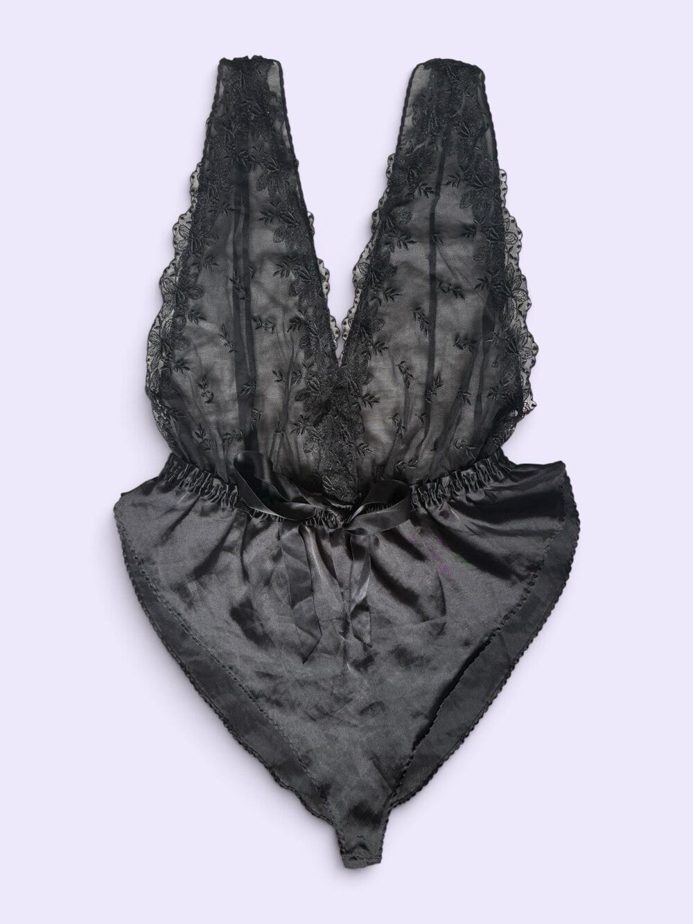 Vintage Lily of France Black Lace Teddy Medium Sheer Satin Bodysuit 80s USA M
